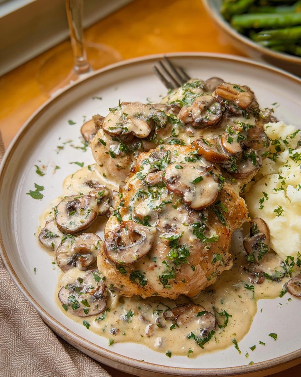 Two servings of Creamy Mushroom Chicken Thighs smothered in mushroom sauce and parsley, served next to mashed potatoes.