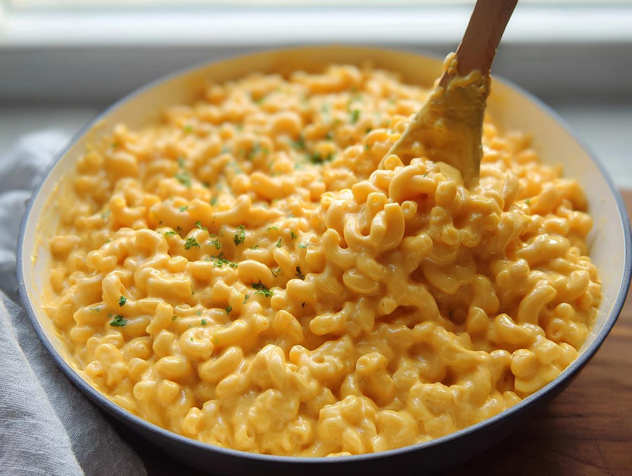 Close-up of creamy macaroni and cheese being stirred in a skillet, perfect for an Easy Weeknight Pasta Skillet.