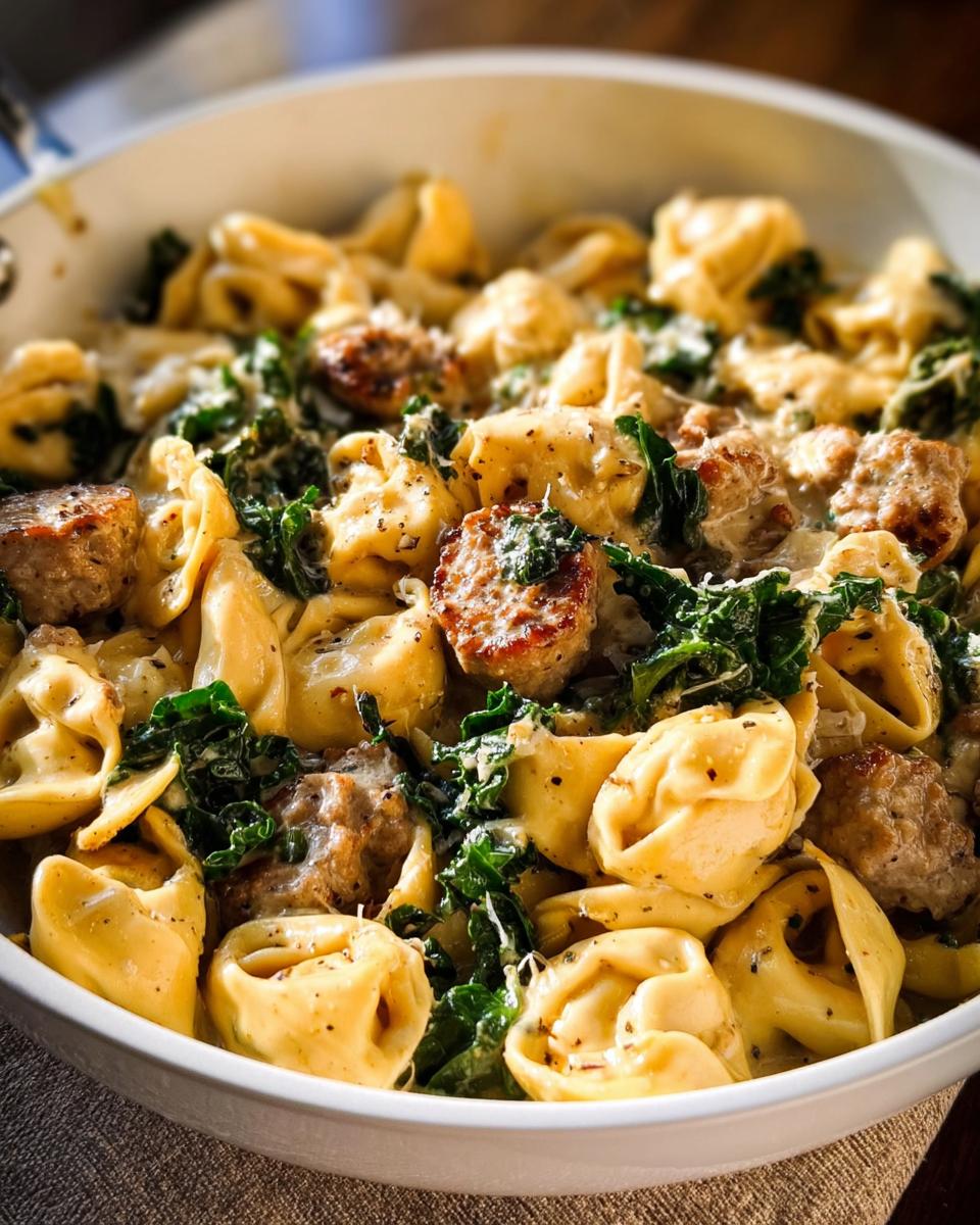 A close-up view of the finished Creamy Sausage Tortellini Skillet, featuring cheese tortellini, browned sausage pieces, and wilted kale in a creamy sauce.