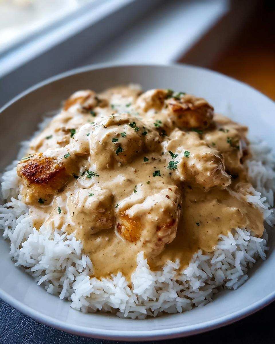 Close-up of pieces of seared chicken generously covered in a rich, creamy sauce served over fluffy white rice, garnished with parsley.
