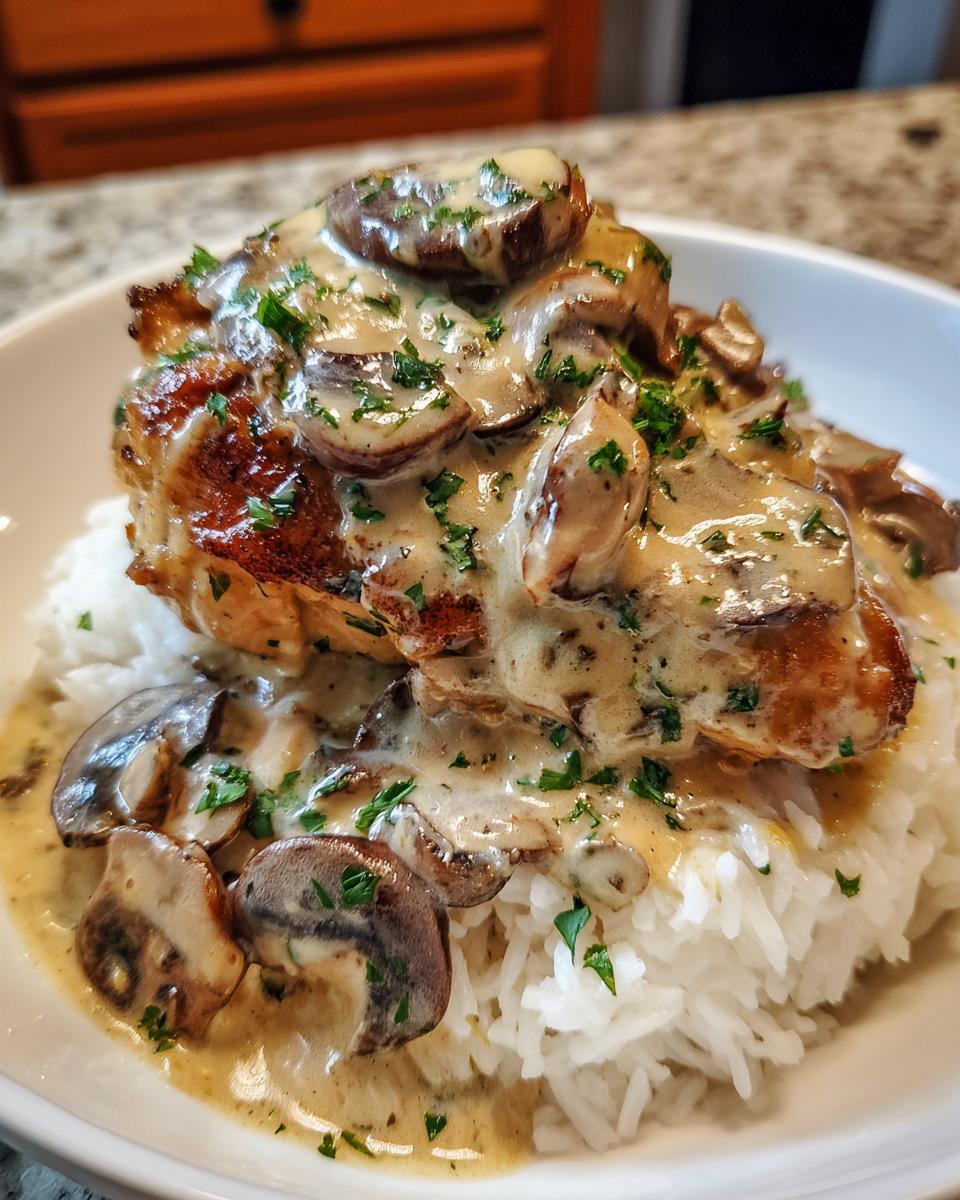 A perfectly seared chicken breast smothered in creamy mushroom sauce served over white rice for the Creamy Smothered Chicken and Rice Recipe.