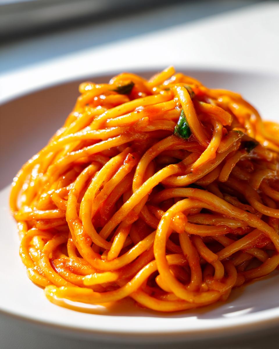 A close-up shot of perfectly coated spaghetti noodles in a rich, orange-hued Creamy Tomato Basil Pasta sauce.