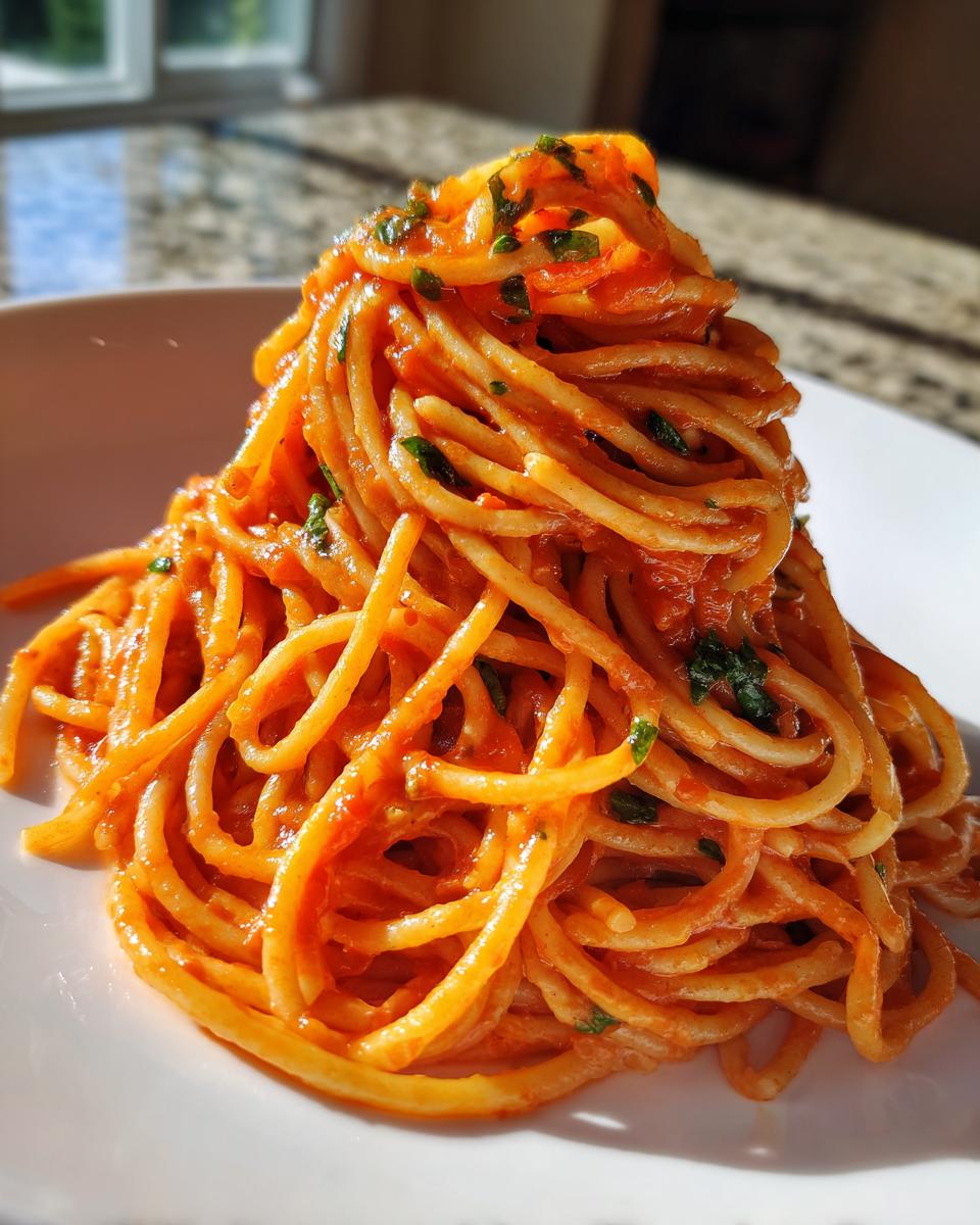 A tall mound of spaghetti coated in a rich, creamy tomato basil pasta sauce, garnished with fresh herbs.