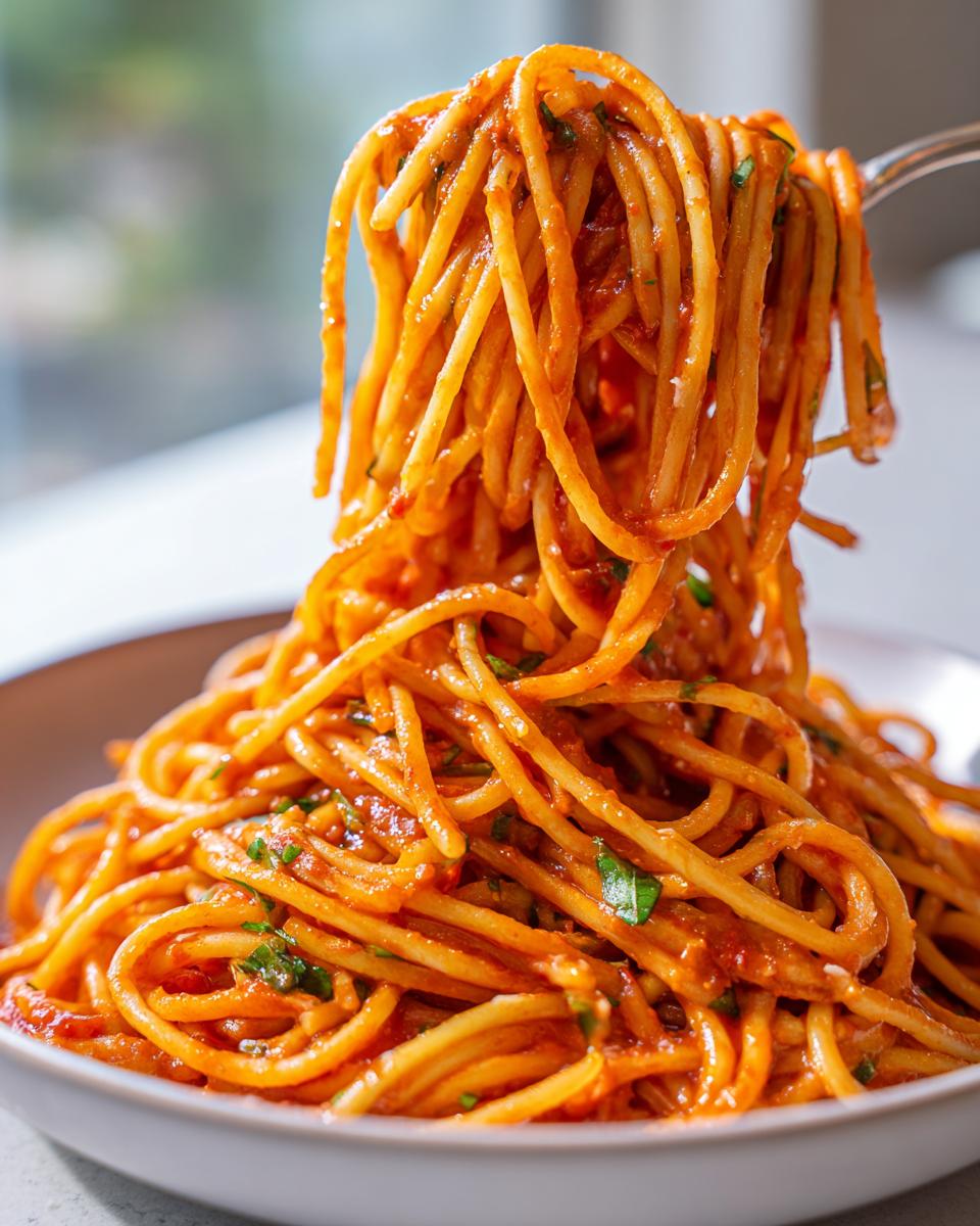 A fork lifting a generous twirl of spaghetti coated in rich Creamy Tomato Basil Pasta sauce.