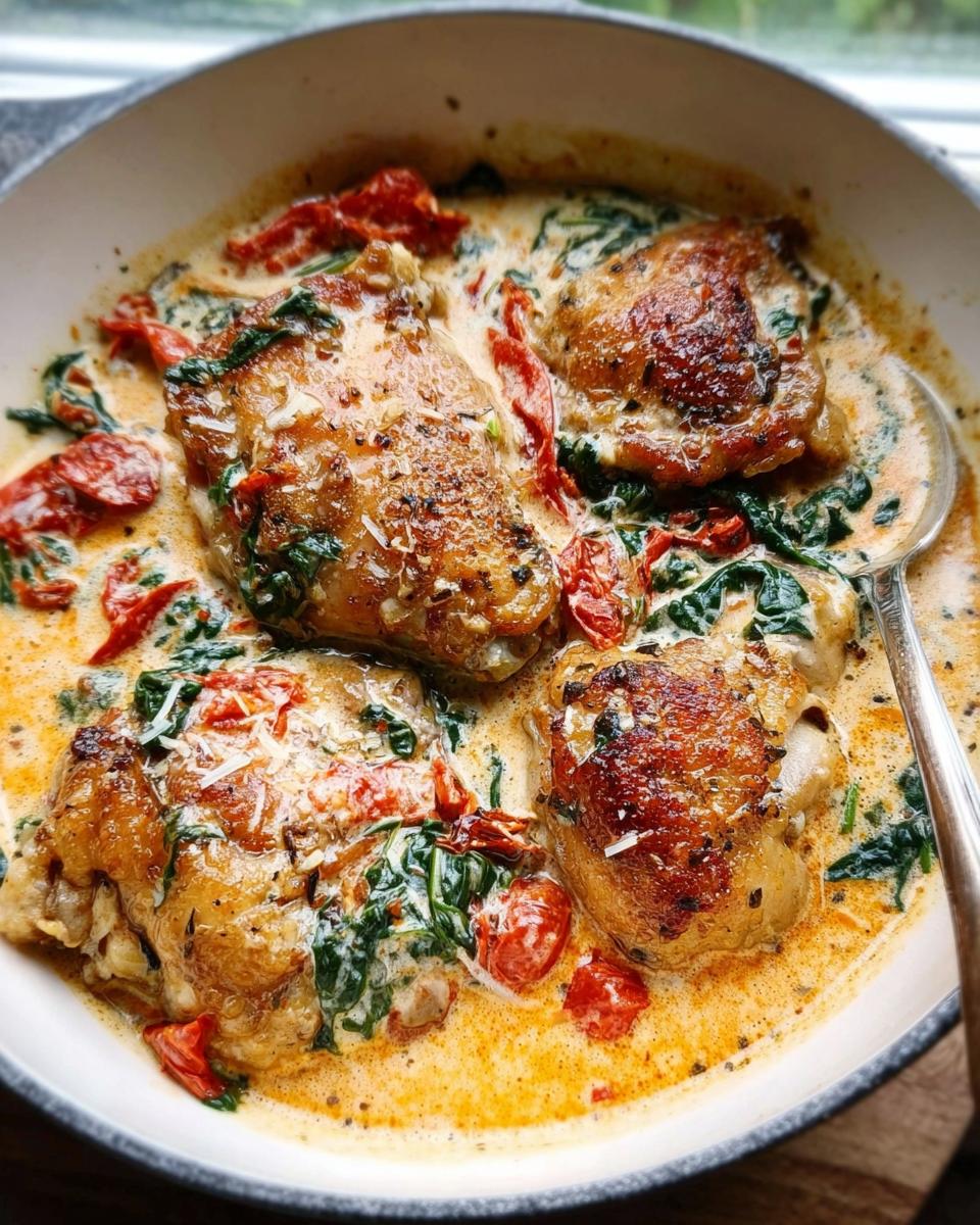 Four perfectly seared Creamy Tuscan Chicken Thighs simmering in a rich, creamy sauce with spinach and sun-dried tomatoes.