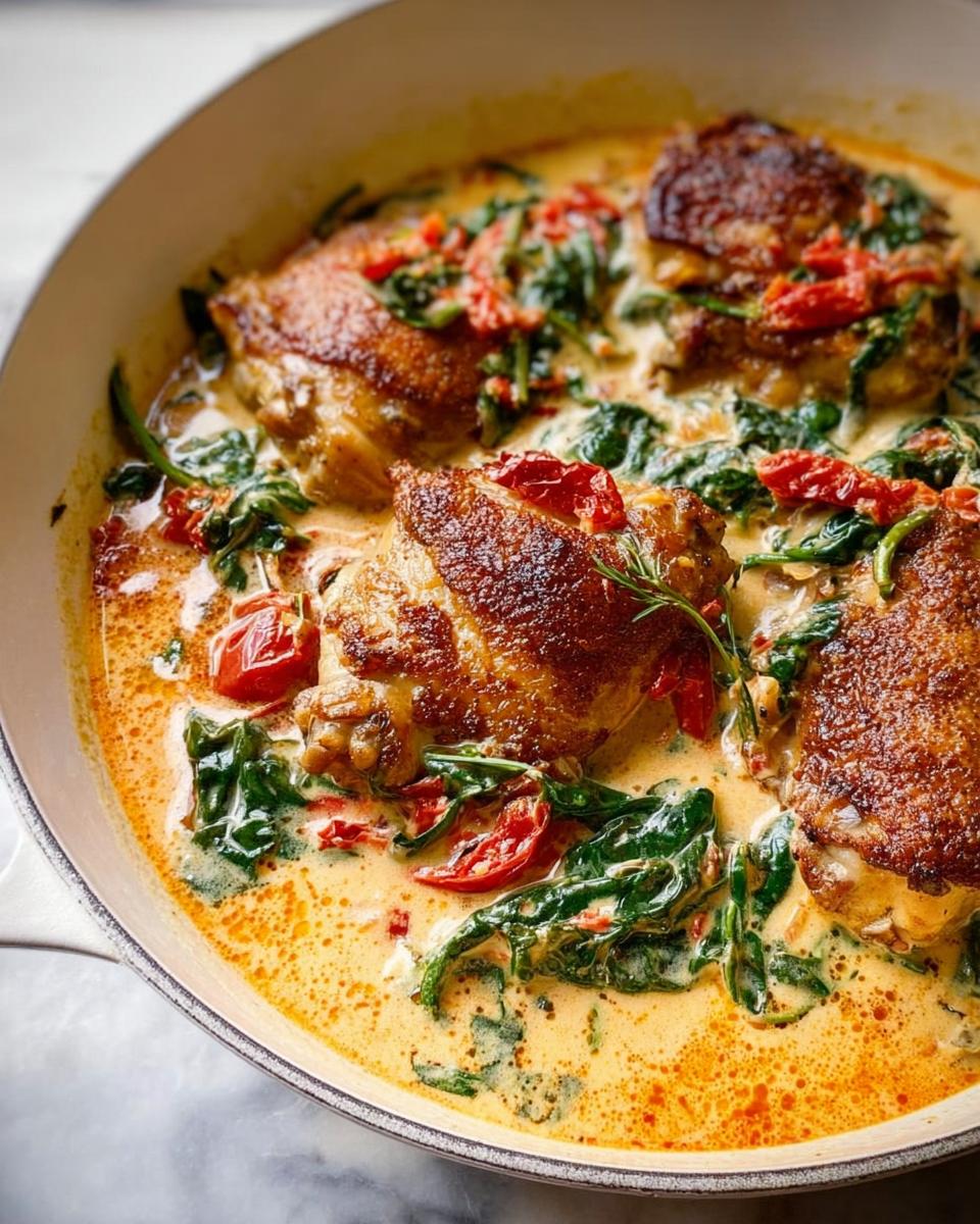 Close-up of crispy Creamy Tuscan Chicken Thighs simmering in a rich, creamy sauce with spinach and sun-dried tomatoes.