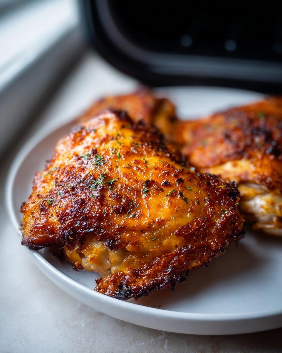 Close-up of two crispy, golden-brown Air Fryer Chicken Thighs seasoned with herbs on a white plate.