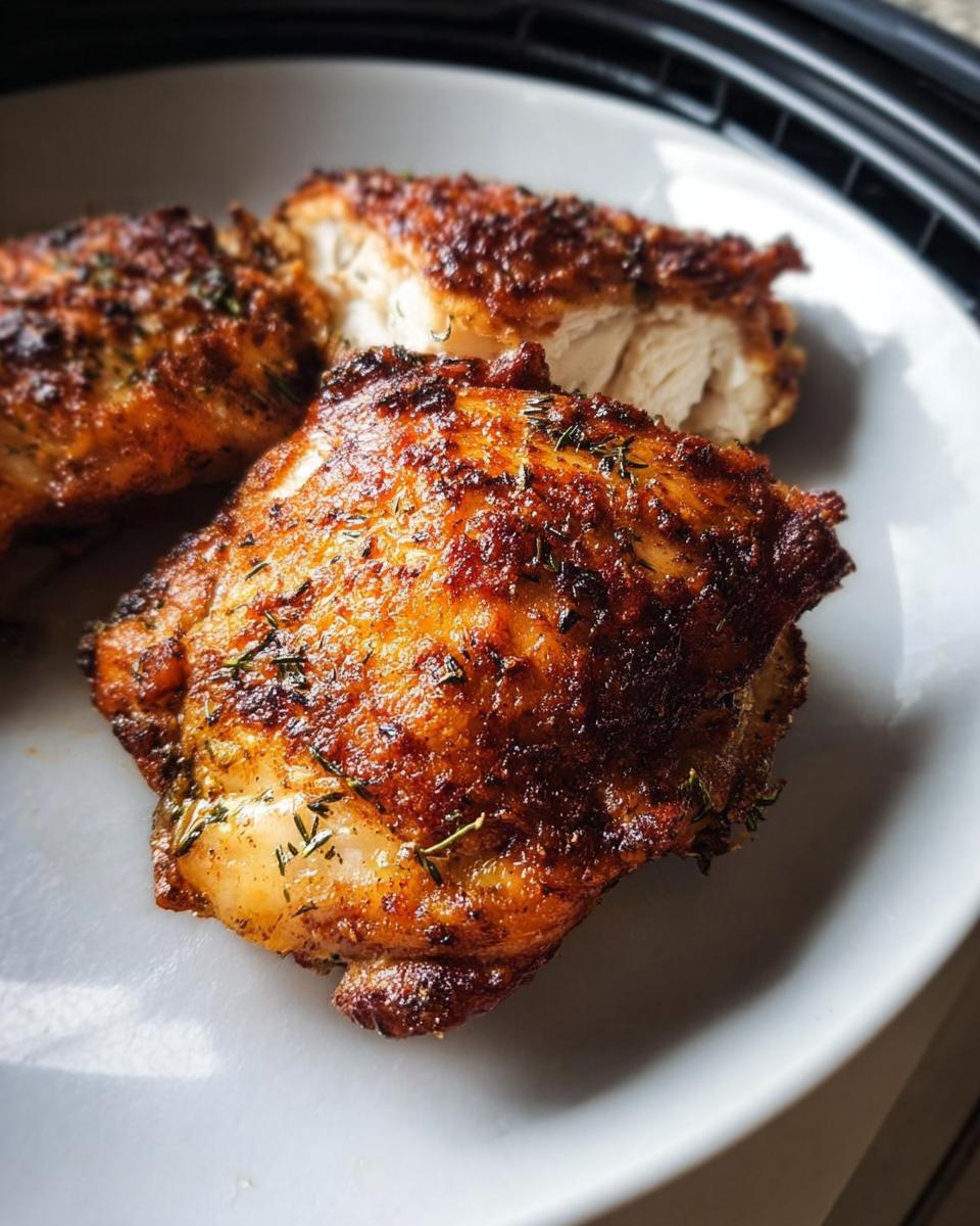 Close-up of three seasoned and crispy Air Fryer Chicken Thighs on a white plate, one piece cut open showing juicy white meat.