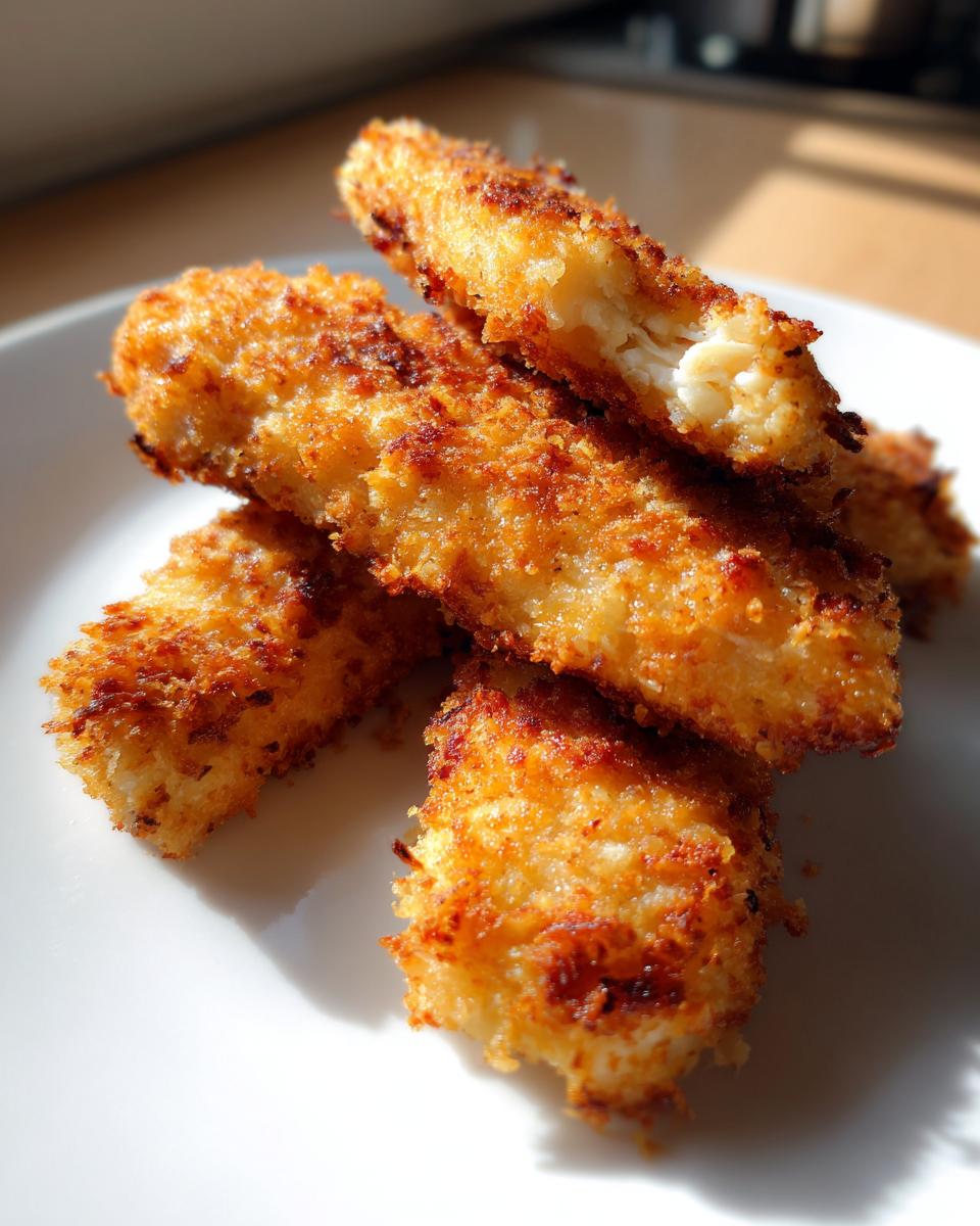 Close-up of golden brown, crispy baked chicken tenders stacked on a white plate, showing the flaky interior.
