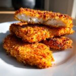 A stack of golden brown, crispy baked chicken tenders, with the top one cut open showing juicy white meat.