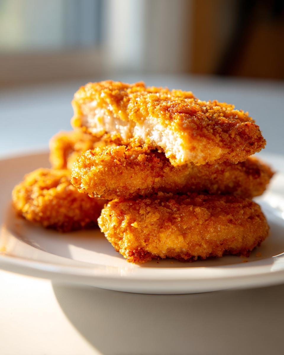 A stack of golden brown, perfectly breaded Crispy Baked Chicken Tenders on a white plate, one is bitten into.