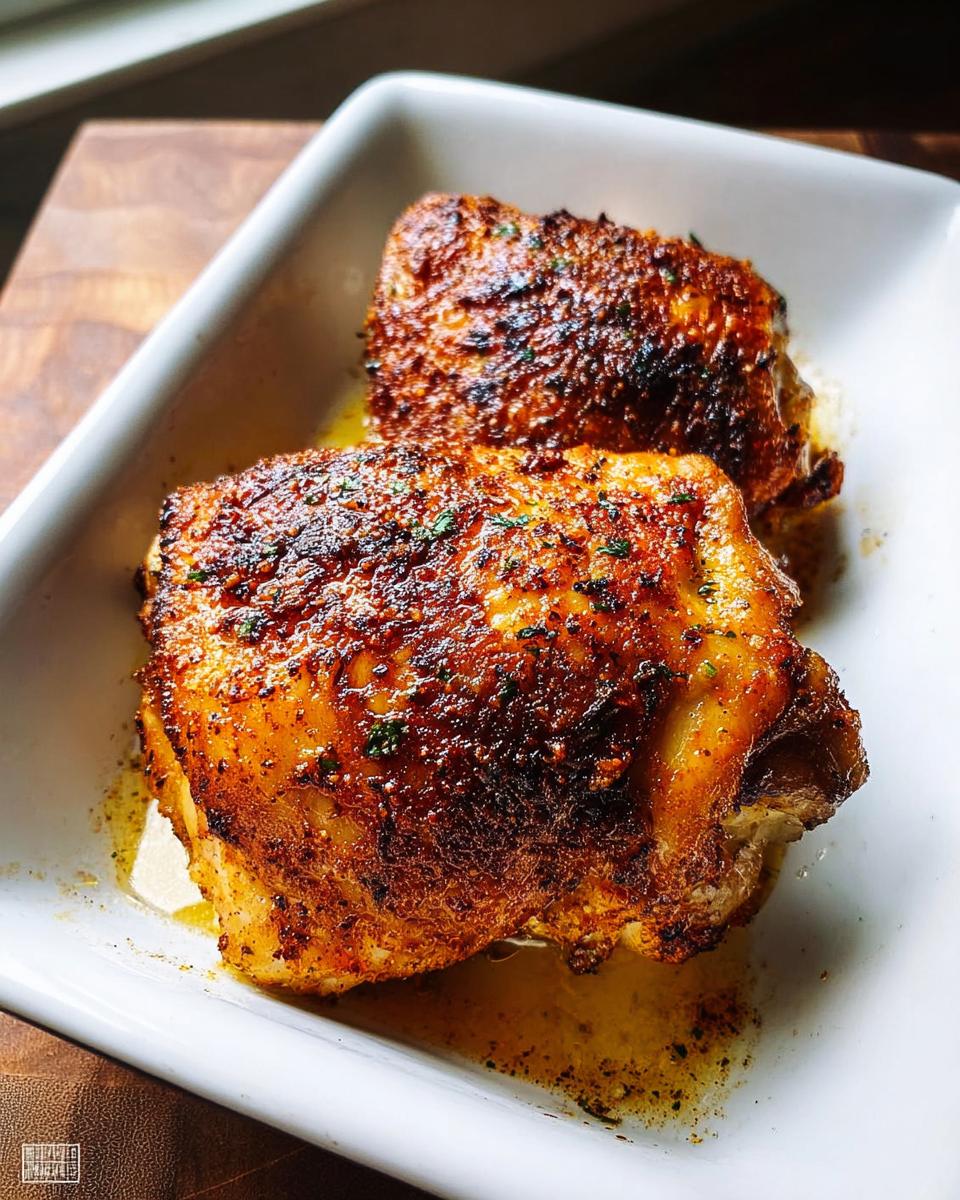 Two perfectly seasoned and baked Crispy Baked Chicken Thighs resting in a white baking dish with rendered juices.
