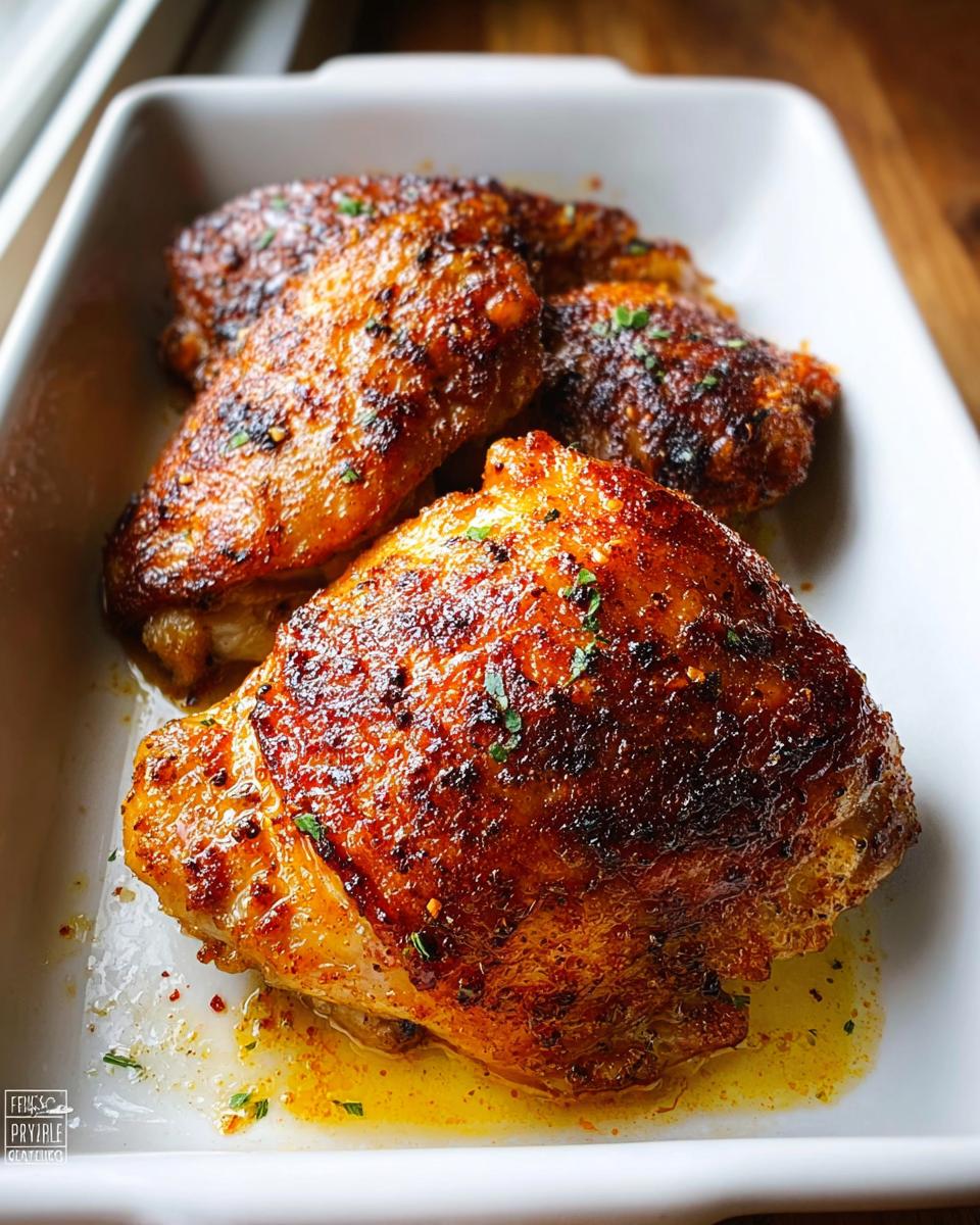 Close-up of four golden brown, seasoned Crispy Baked Chicken Thighs resting in their juices in a white baking dish.