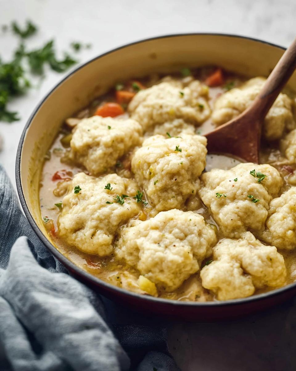 Close-up of a pot filled with creamy stew topped with fluffy dumplings, illustrating one of the Budget Dinners Under $10.