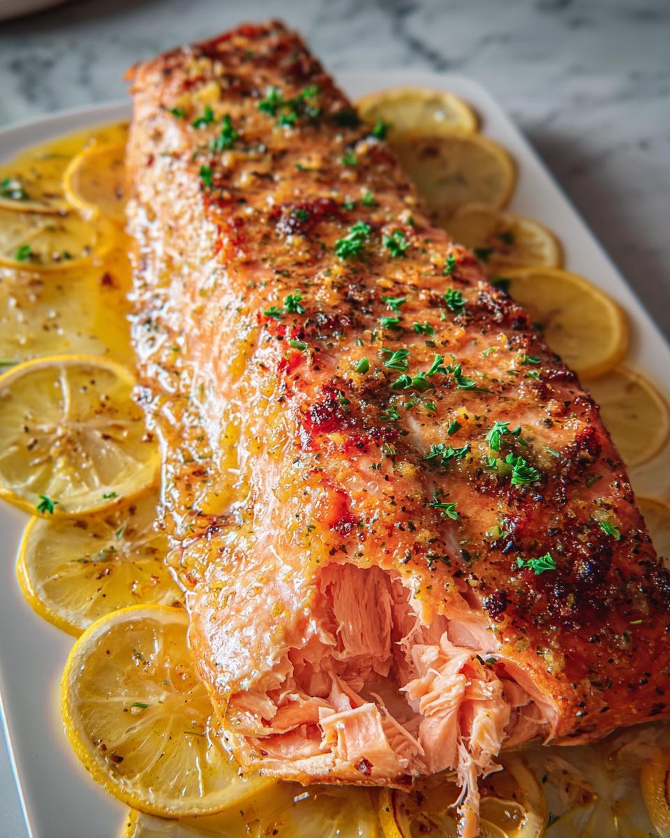 Close-up of flaky, glazed Easy Baked Salmon surrounded by bright yellow lemon slices.