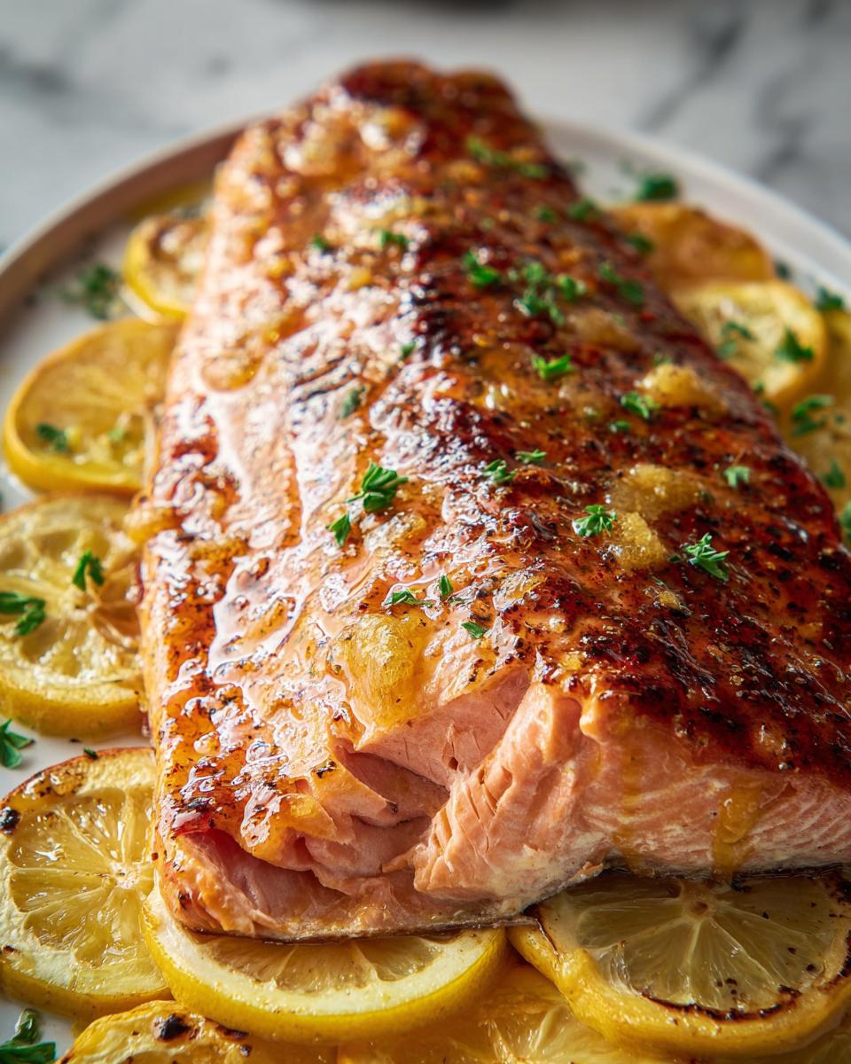 Close-up of a moist, glazed Easy Baked Salmon fillet resting on a bed of roasted lemon slices, garnished with parsley.