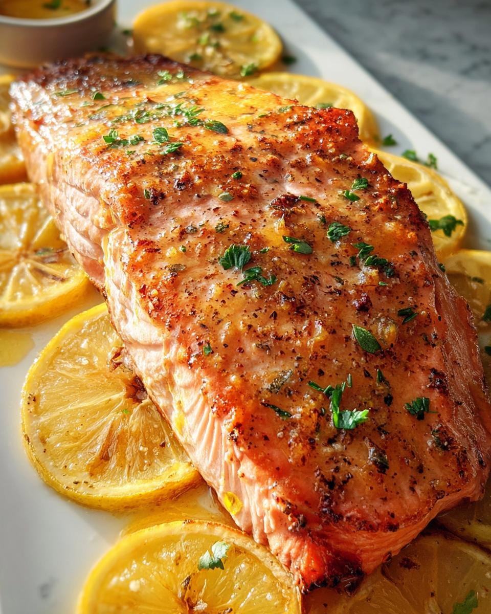 Close-up of a juicy, perfectly cooked Easy Baked Salmon fillet seasoned with herbs and resting on lemon slices.