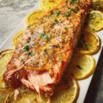 Flaky, moist Easy Baked Salmon topped with a honey-lemon glaze and fresh parsley, served on lemon slices.