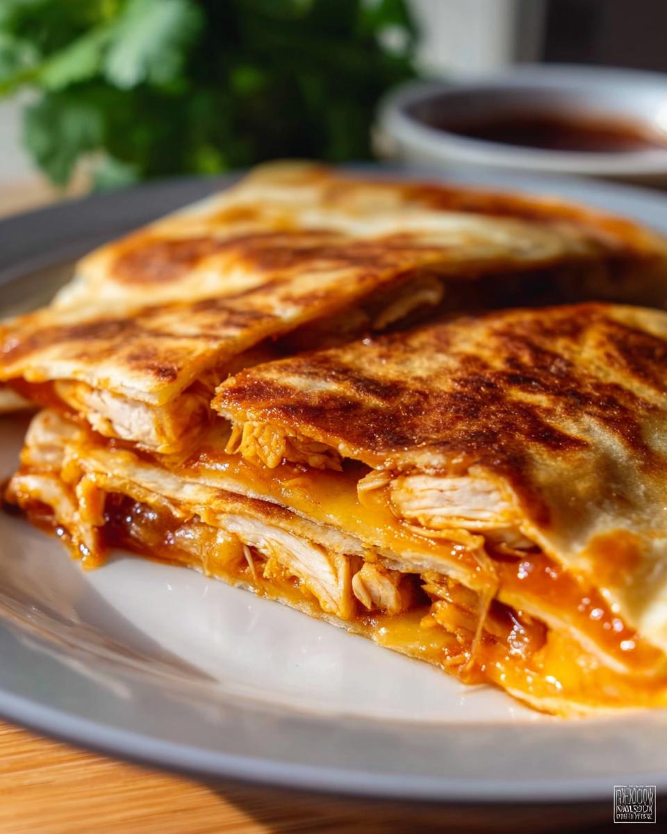 Close-up of sliced BBQ Chicken Quesadillas showing shredded chicken, melted cheese, and BBQ sauce inside a crispy tortilla.