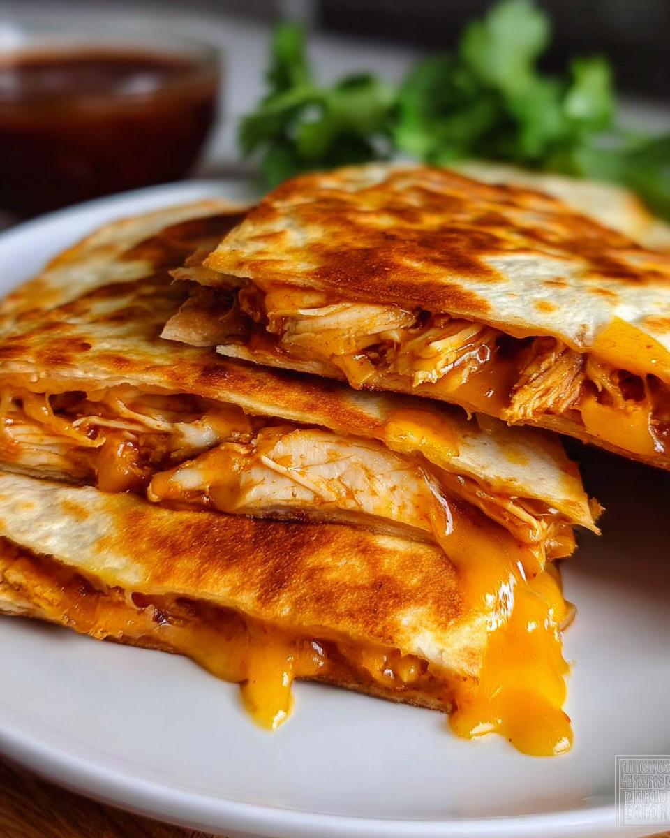 Close-up of stacked BBQ Chicken Quesadillas with melted cheddar cheese oozing out.