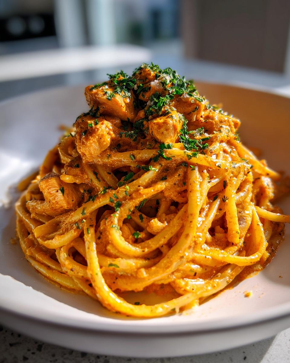 A close-up of a serving of Easy Cowboy Butter Chicken Linguine, topped with fresh parsley.