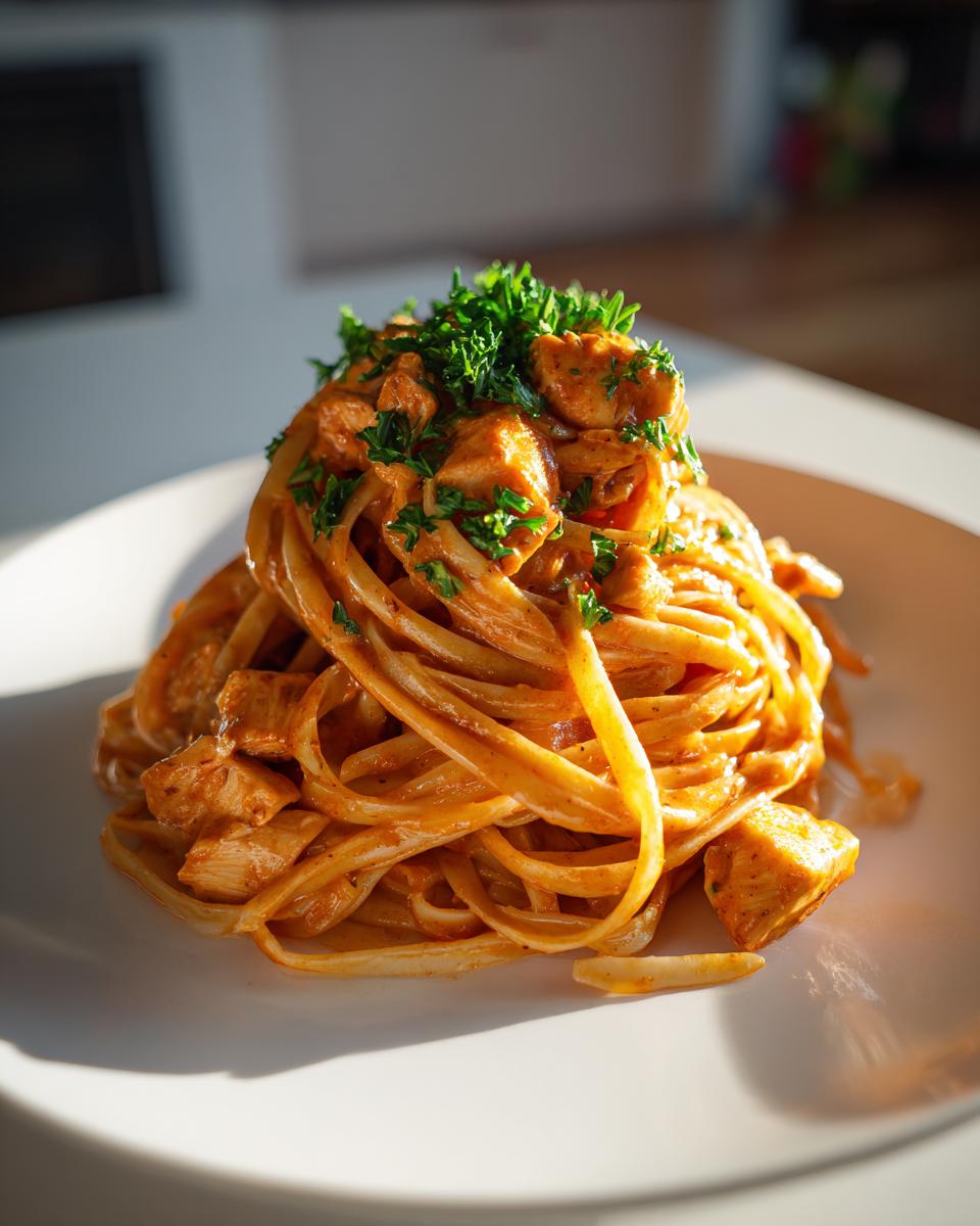 A close-up of a mound of Easy Cowboy Butter Chicken Linguine topped with fresh parsley.
