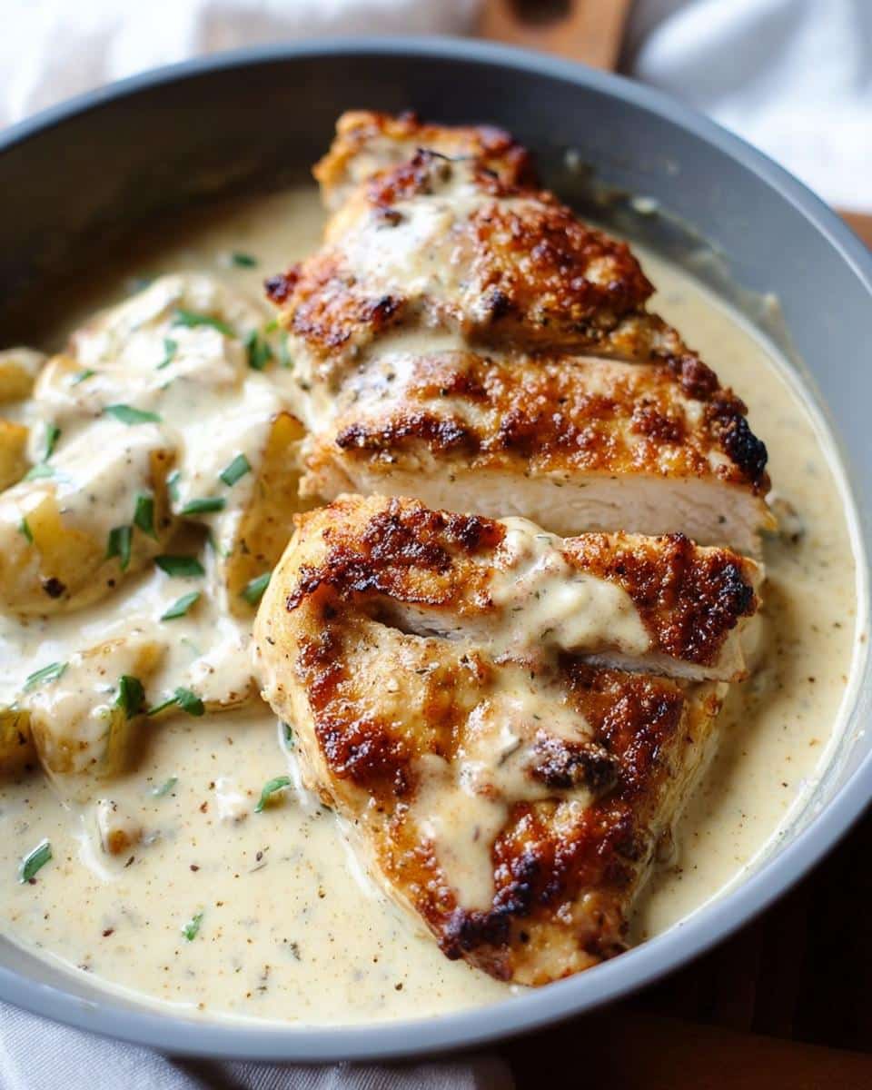 A perfectly seared and sliced piece of Easy Creamy Ranch Chicken covered in rich, speckled ranch sauce.