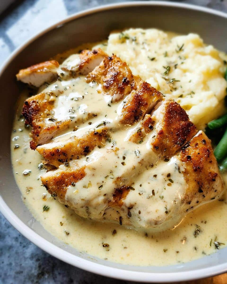 Close-up of sliced Easy Creamy Ranch Chicken covered in sauce, served with mashed potatoes and green beans.