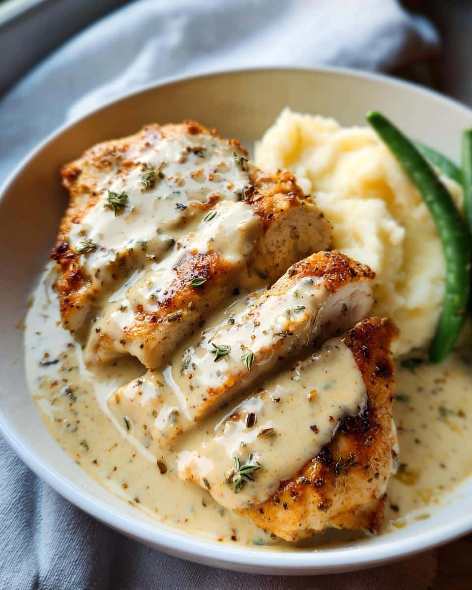 Close-up of sliced Easy Creamy Ranch Chicken smothered in sauce, served with mashed potatoes and green beans.