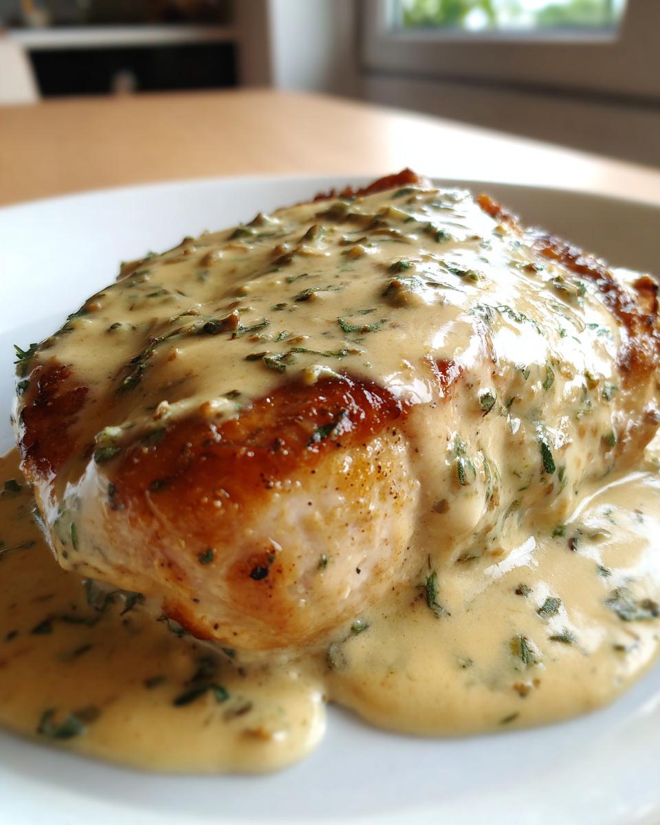 Close-up of a perfectly seared chicken breast smothered in a thick, creamy ranch sauce speckled with green herbs.