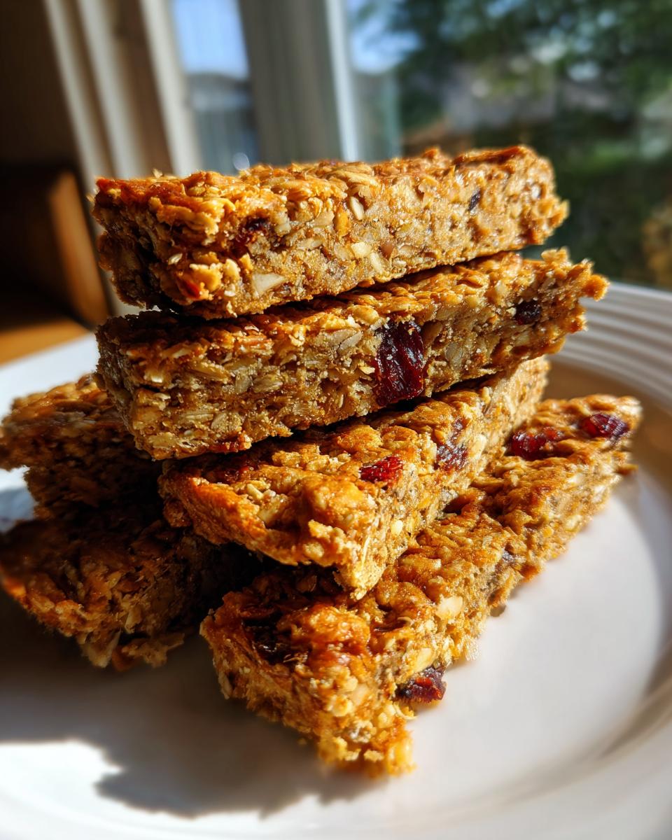 A stack of four chewy Easy Homemade Granola Bars featuring oats, seeds, and dried cranberries, brightly lit.