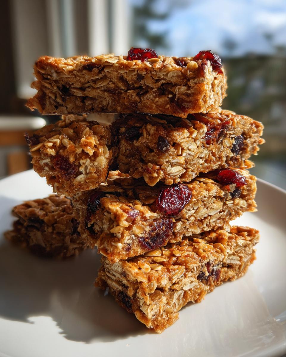 A stack of five chewy Easy Homemade Granola Bars featuring visible oats and dried cranberries on a white plate.