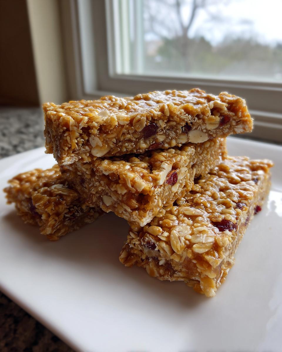 A stack of four chewy Easy Homemade Granola Bars loaded with oats and dried fruit on a white plate.