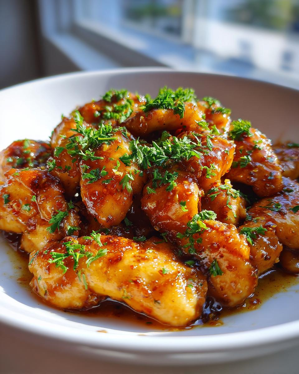 Bite-sized pieces of glazed chicken coated in a rich sauce, garnished with fresh parsley, from the Easy Lemon Garlic Chicken Skillet recipe.