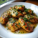 Close-up of glazed chicken pieces covered in fresh parsley, served in a white bowl with lemon garlic sauce.