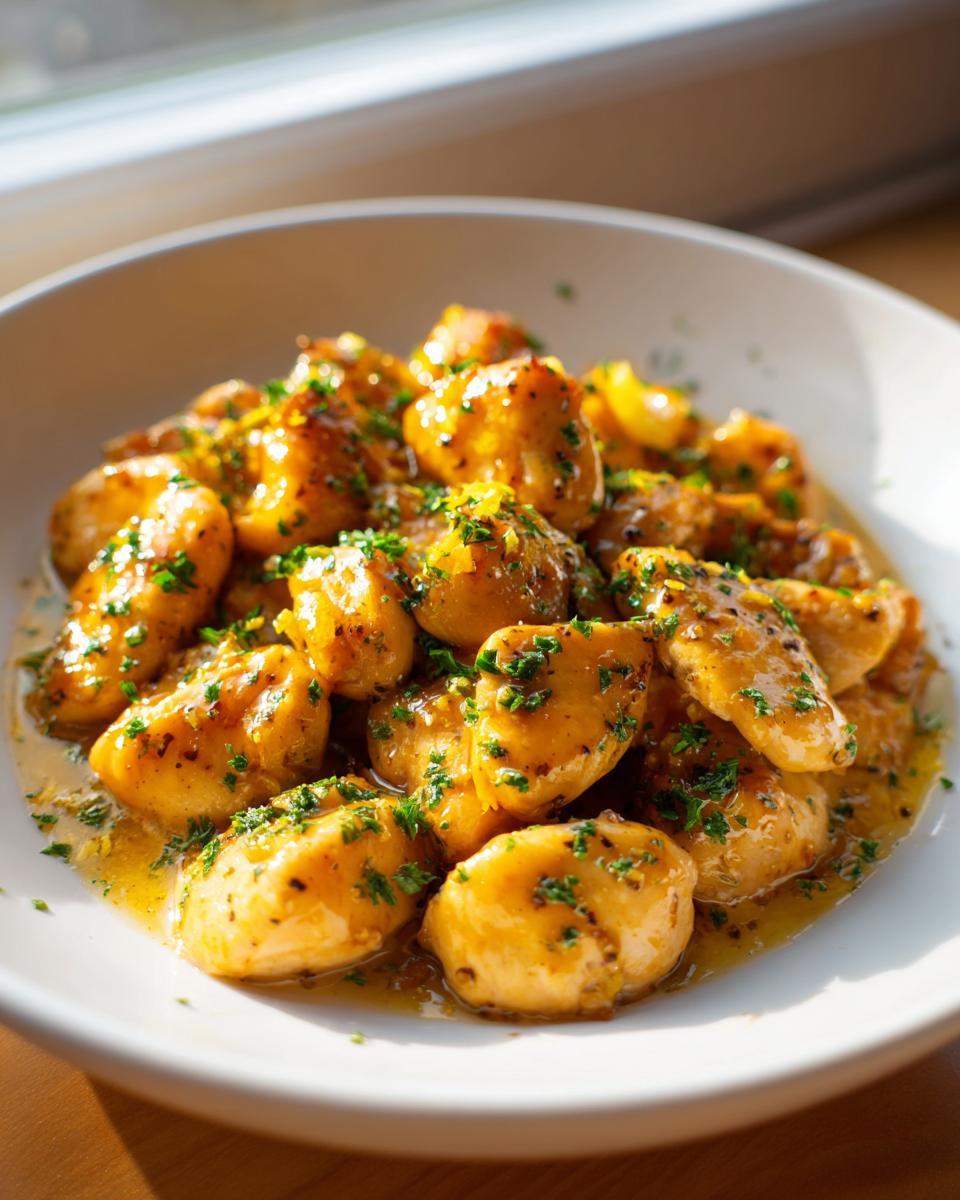 Close-up of bite-sized Easy Lemon Garlic Chicken Skillet pieces coated in a glossy sauce and topped with parsley.