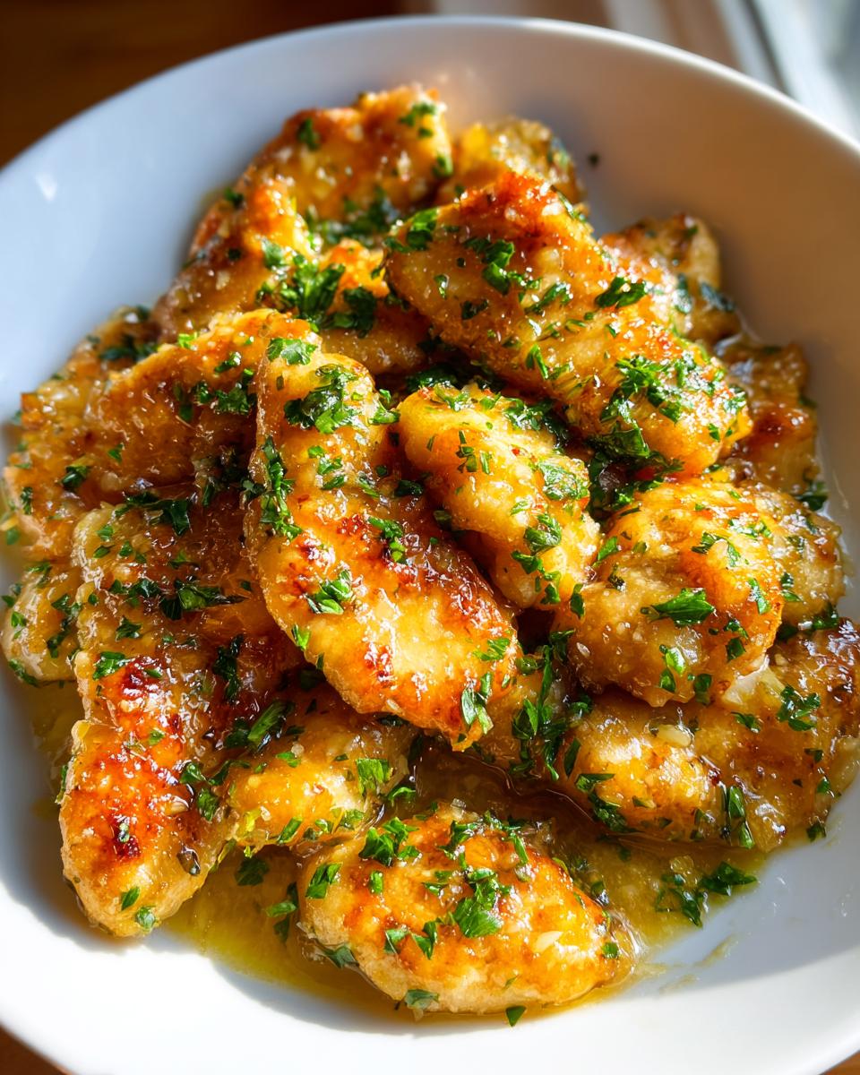 Close-up of golden, pan-seared chicken pieces coated in lemon garlic sauce and fresh parsley.