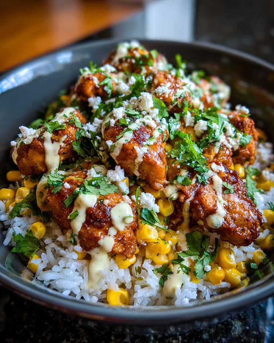 A close-up of an Easy Street Corn Chicken Rice Bowl topped with creamy sauce, cotija cheese, and cilantro.