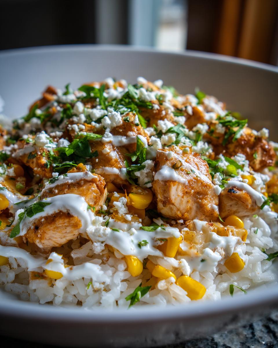 Close-up of a serving of Easy Street Corn Chicken Rice Bowl topped with white sauce, cotija cheese, and cilantro.