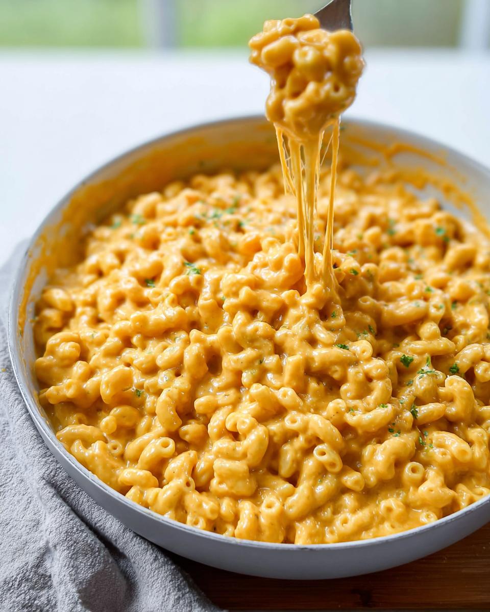 Close-up of creamy macaroni in an Easy Weeknight Pasta Skillet with a spoonful showing a long, cheesy pull.