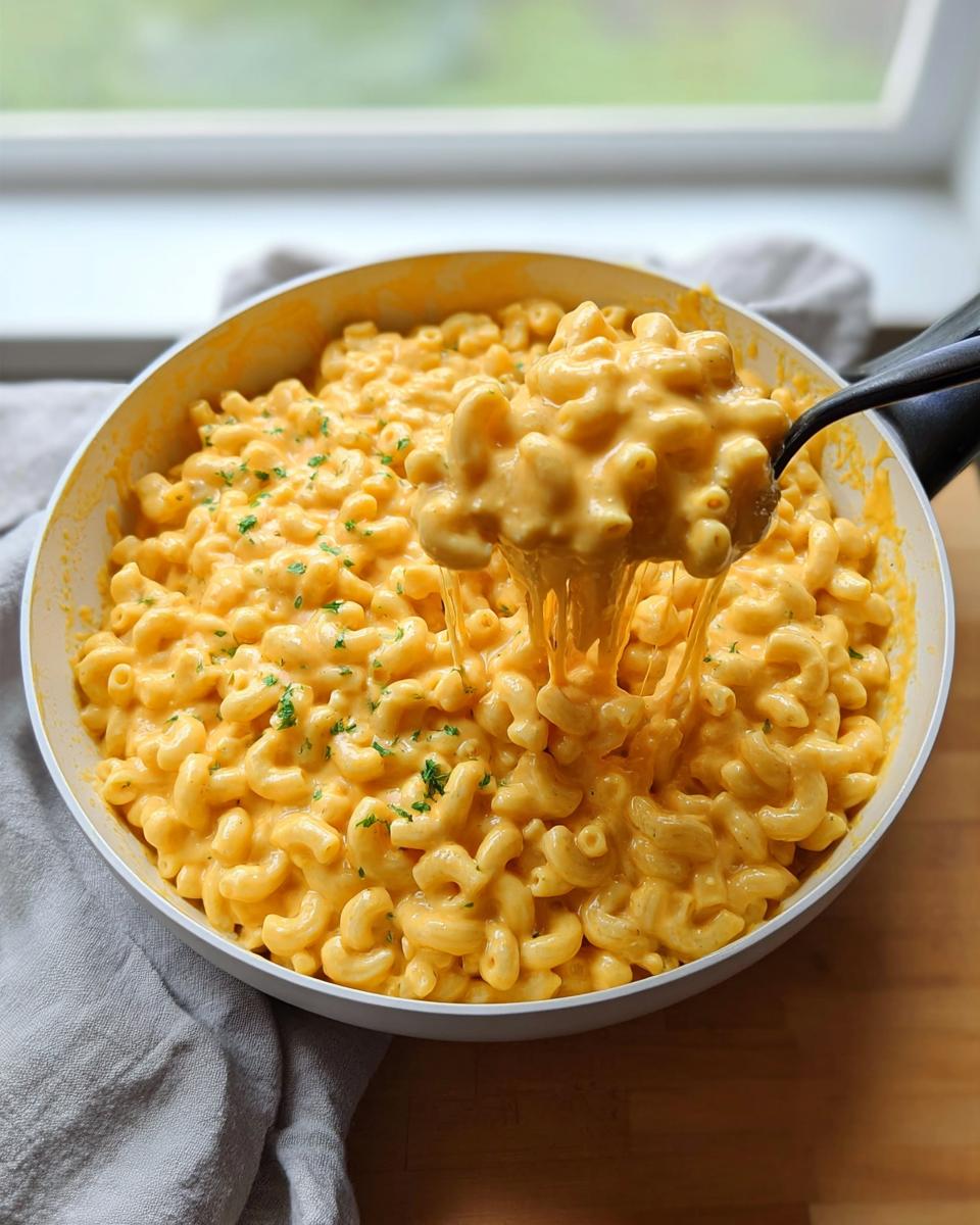A spoonful of creamy macaroni being lifted from a skillet full of Easy Weeknight Pasta Skillet, showing cheese pull.