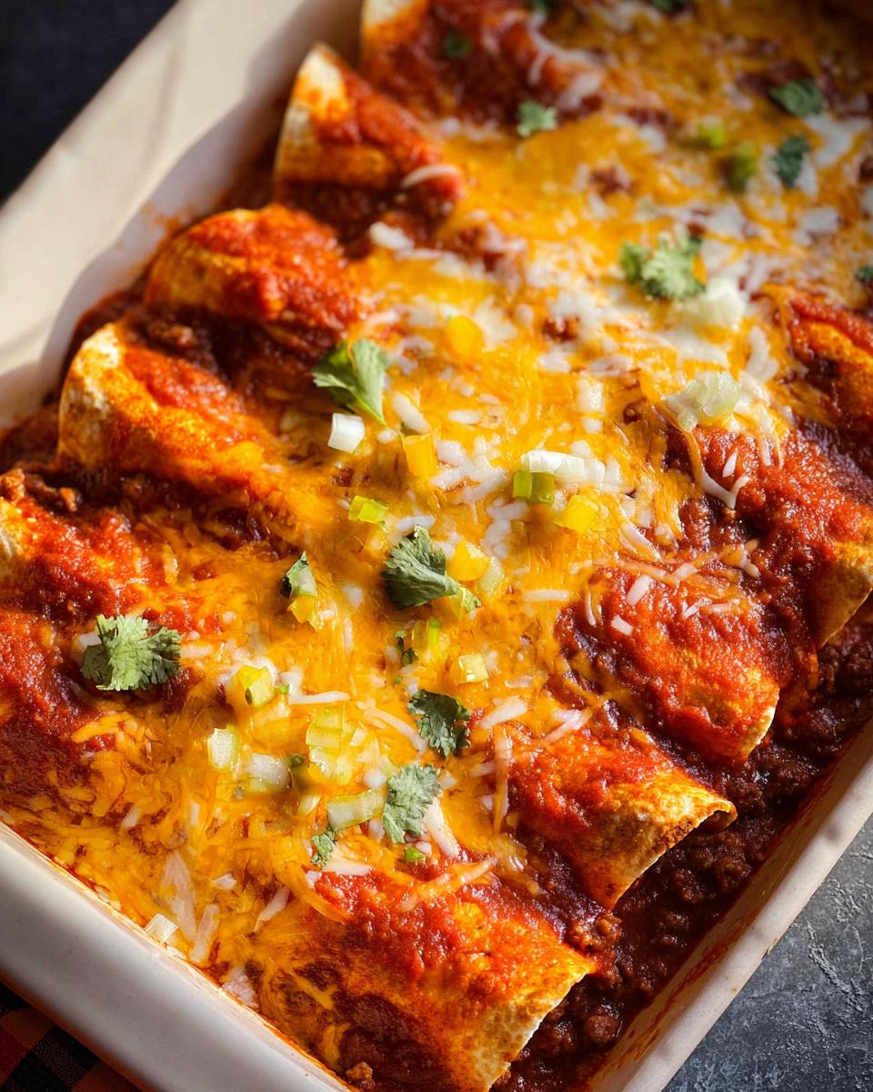 Close-up of baked Beef Enchiladas covered in red sauce, melted cheddar cheese, and garnished with cilantro.