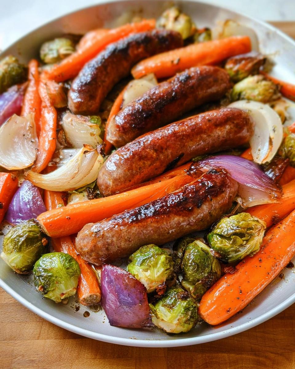 Close-up of Family Sheet-Pan Sausage & Veg, featuring browned sausages, carrots, Brussels sprouts, and onions.