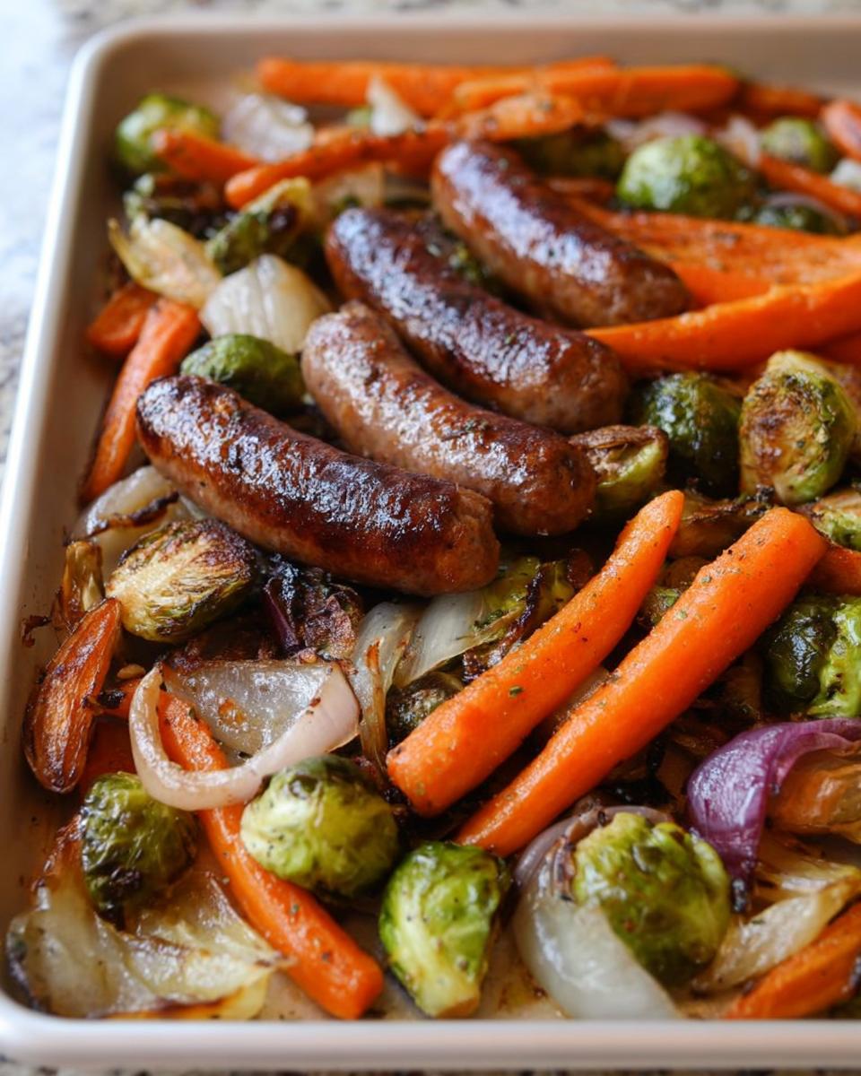Four browned sausages resting on a bed of roasted carrots, Brussels sprouts, and onions from the Family Sheet-Pan Sausage & Veg recipe.