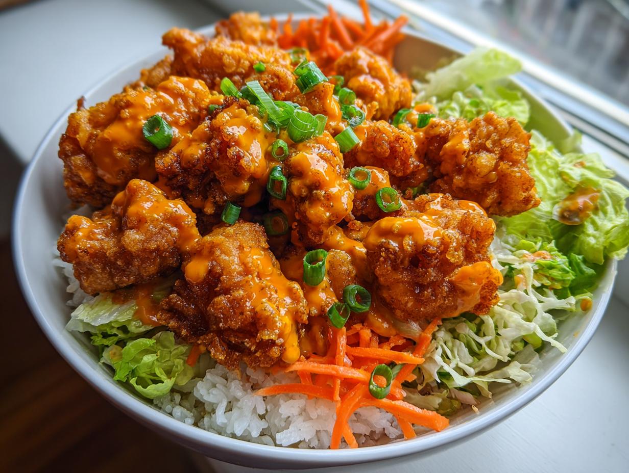 Close-up of a Bang Bang Chicken Bowl featuring crispy fried chicken pieces coated in orange sauce over rice and shredded lettuce.