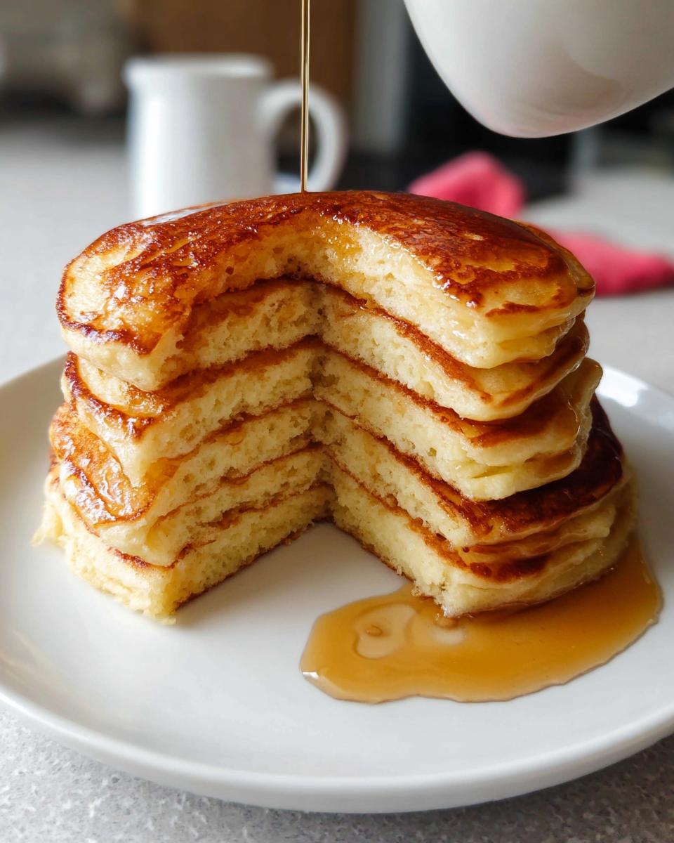 A tall stack of Fluffy Buttermilk Pancakes being drizzled with syrup, showing the airy interior.