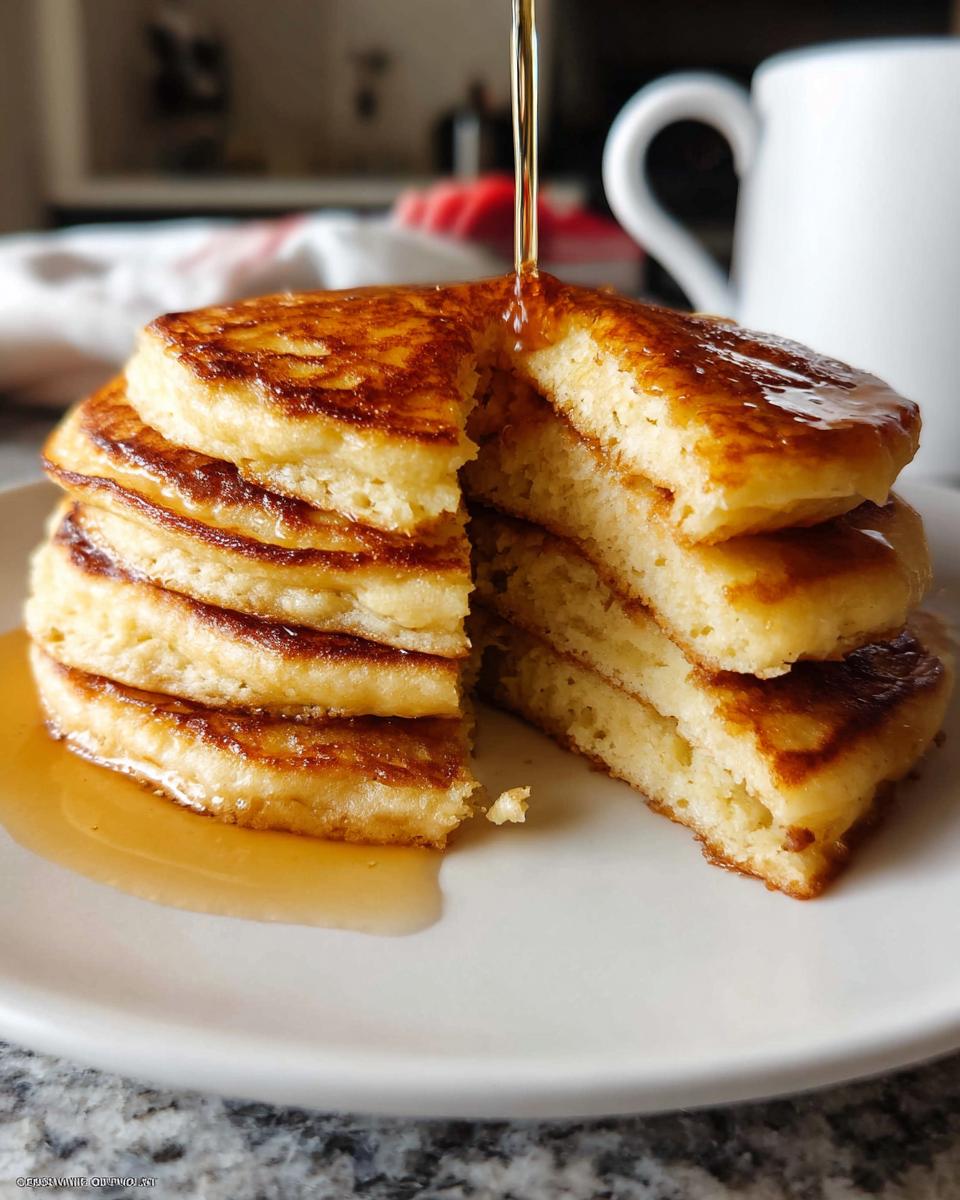 Close-up of a tall stack of Fluffy Buttermilk Pancakes being drizzled with maple syrup.