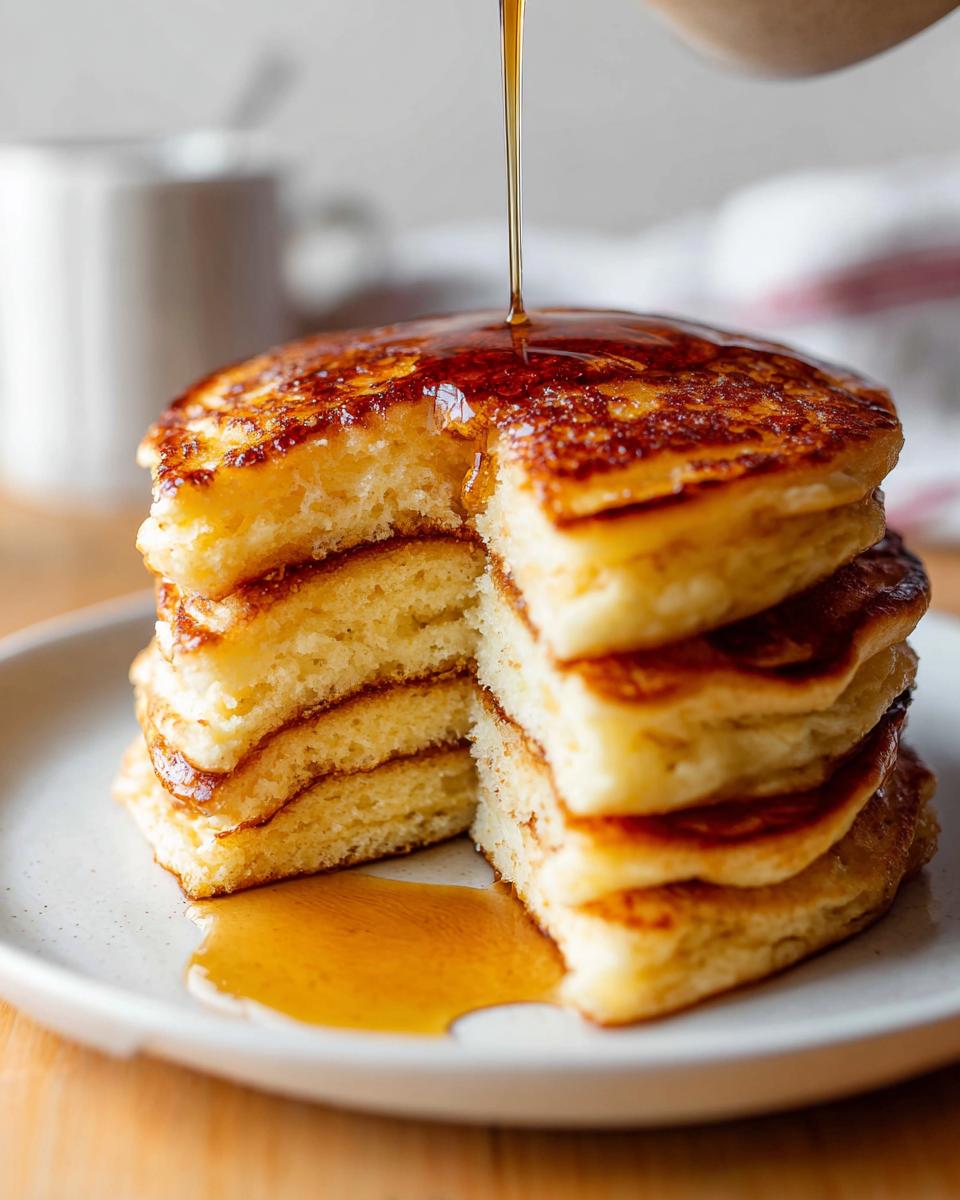 A tall stack of Fluffy Buttermilk Pancakes cut open, showing the airy interior as syrup is poured over the top.