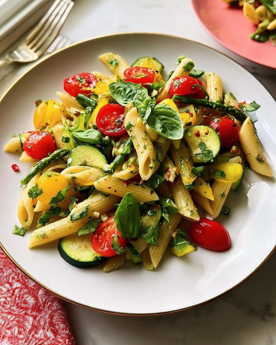 A close-up of fresh Pasta Primavera featuring penne pasta, sliced zucchini, cherry tomatoes, and fresh basil leaves.