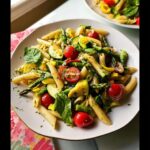 A close-up of a white plate filled with fresh Pasta Primavera featuring penne, cherry tomatoes, zucchini, and asparagus.